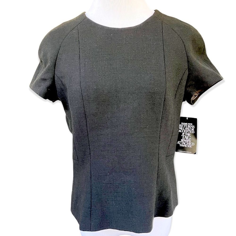 Pure Collection Black Wool Blend Tailored Short Sleeve Top